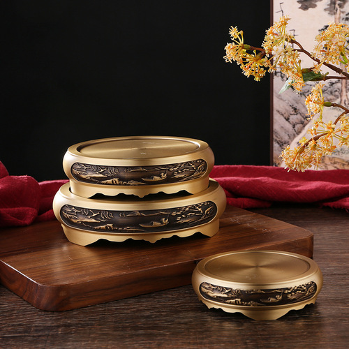 Pure brass extra large incense burner base circular relief landscape base decoration rice vat treasure basin bottom holder coffee table ornaments