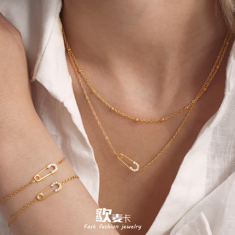 Oumeca full diamond 5A zircon pin stainless steel with diamond necklace bracelet jewelry suit exquisite small jewelry women