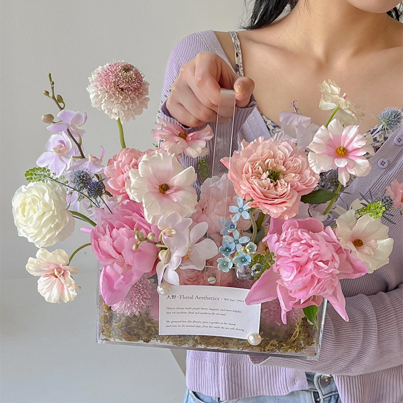 Caja de flores de acrílico transparente rectangular redondo canasta de flores acrílico caja de regalo floral caja de regalo de mano