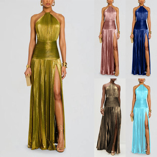 Amazon Independent Station European and American Women's Metallic Pleated Split Lace-up Neck dress Sleeveless Backless 8155