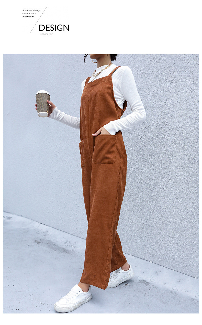 Salopette in velluto a coste ampia con tasca marrone_voghion.com