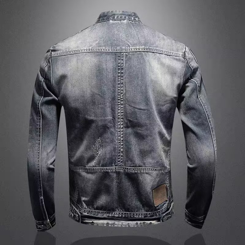 Veste en jean tendance pour homme, style rétro décontracté européen et américain, grandes tailles, col montant, fermeture éclair, idéale pour le cyclisme et la moto_voghion.com