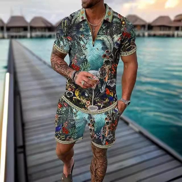 2024 Летний мужской костюм модный повседневный 3D-печать с v-образным вырезом с короткими рукавами рубашка POLO шорты мужской набор 2