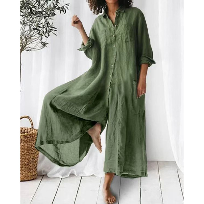 Amazon Cross-Border 2025 Autum European and American Export New Women's Fashion Casual Loose Wide-Leg Long-Sleeved Jumpsuit