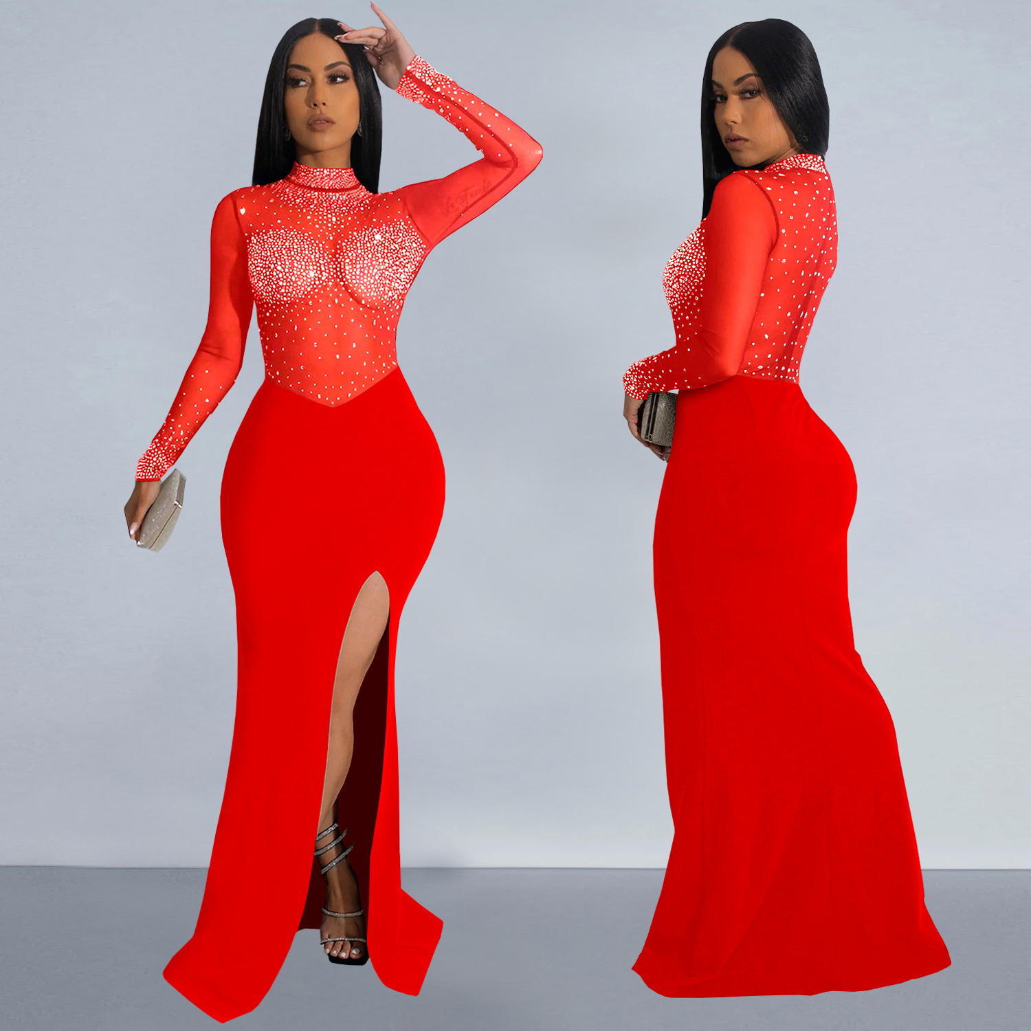 C7330 Cross-border AliExpress Amazon Ropa de mujer de moda europea y americana Vestido de malla transparente sexy con diamantes calientes image 5