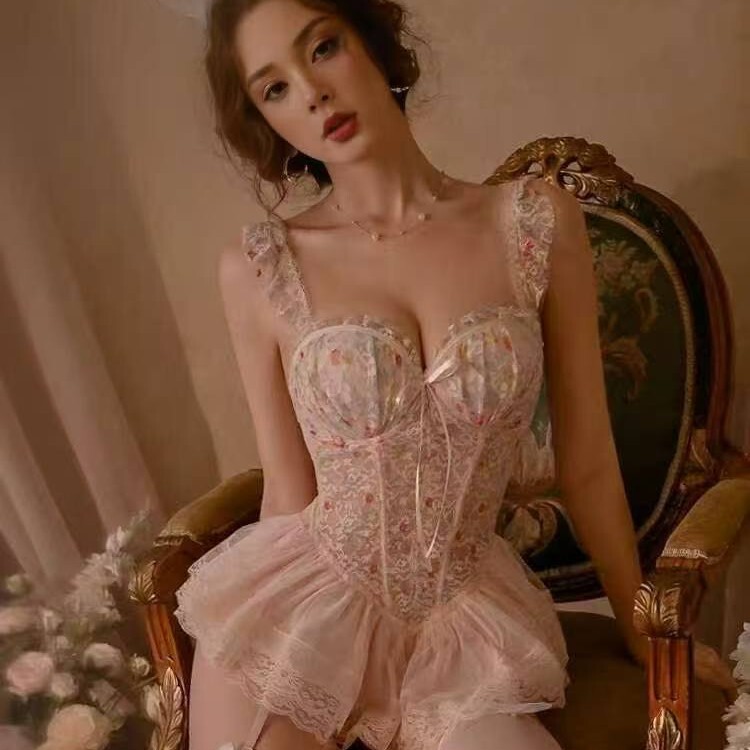 Camisole Lingerie Summer Sweet Barbie Floral Fishbone Bra Slimming Push-Up Sexy Camisole 9960