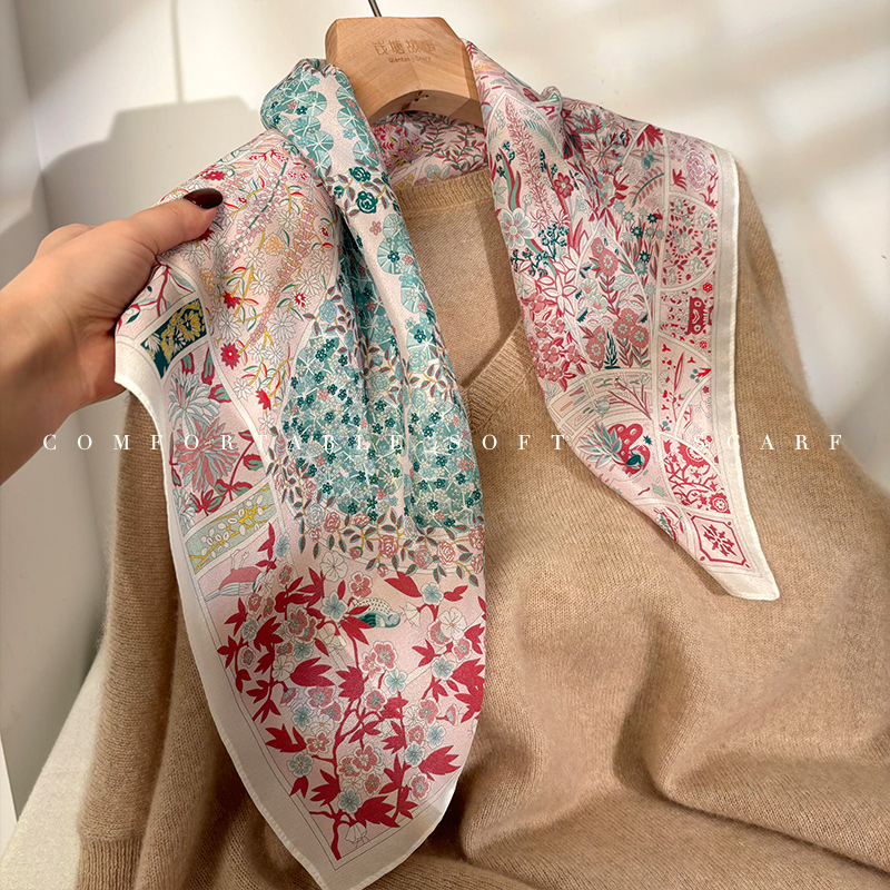 Luxury Monet Garden Double Crepe Pure Silk Scarf For Women - Spring/Summer Versatile Mulberry Silk Square Neck Scarf - Thumbnail 3