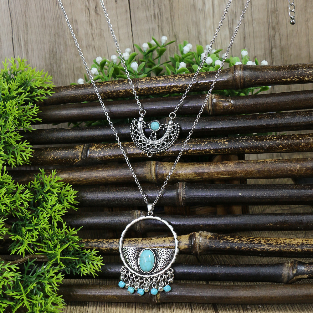 Retro Ethnic Style Geometric Alloy Plating Inlay Turquoise Women's Layered Necklaces display picture 5