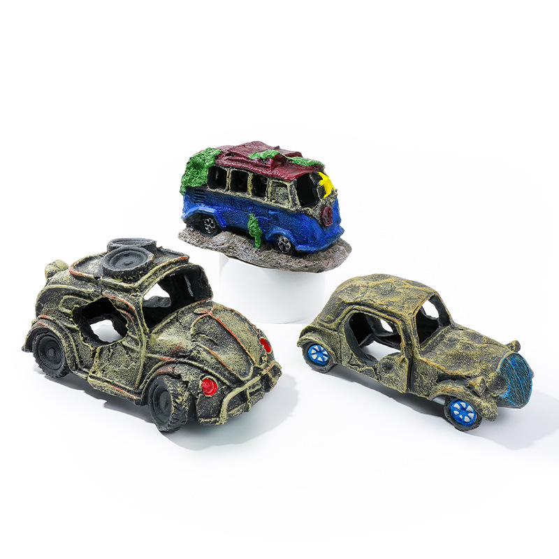 Venta caliente decoración de acuarios restos de coche pecera paisajismo resina pescado camarones adorno esquivar coche viejo autobús spot