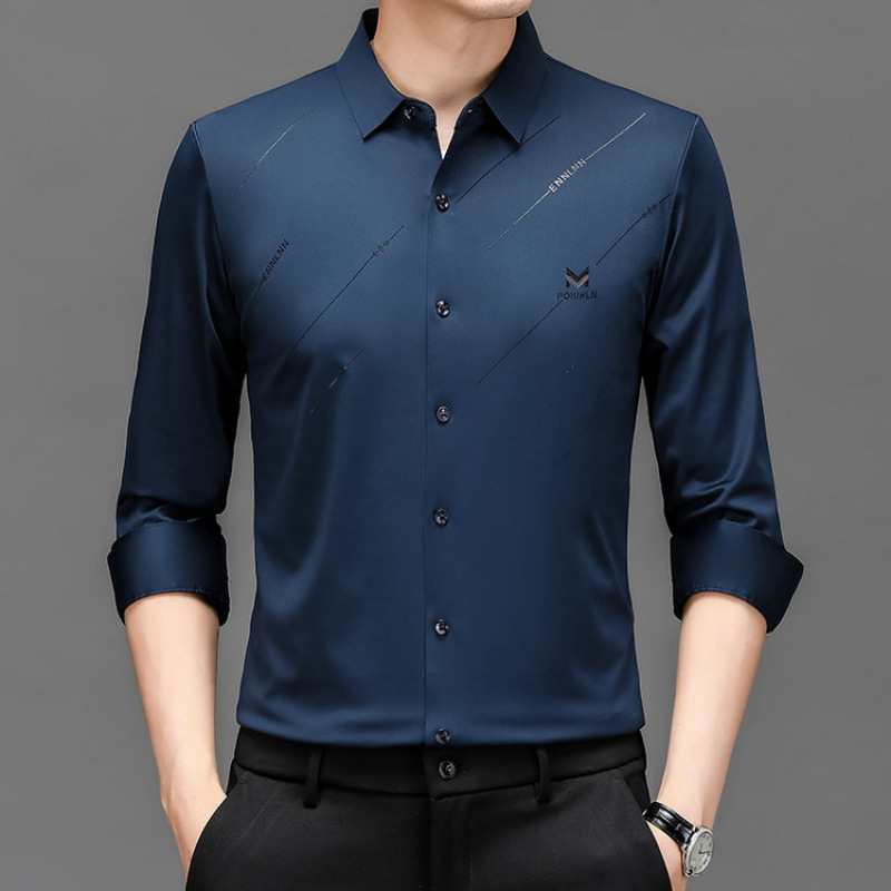 2025 Spring and Autumn Ice Silk Slippery Traceless Long-sleeved Shirt Men's Trendy Fashion Style Non-ironing Shirt Trendy