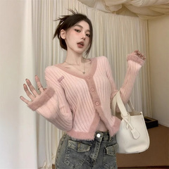 不规则毛毛拼接v领毛衣外套女春秋修身短款打底针织开衫高腰上衣