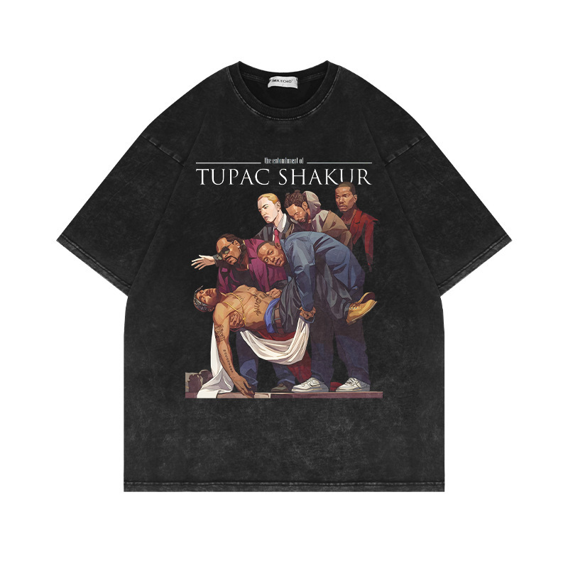 280g Heavy Weight Homage Tupac Shaker 2Pac Picka Old Printed Short-Sleeved T-Shirt European and American