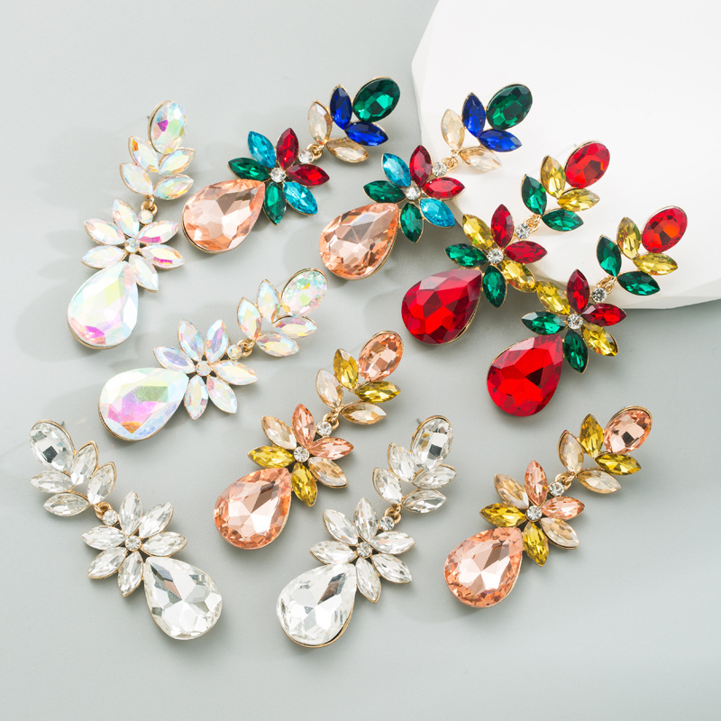 Electroplating Gold Plating Process Alloy Ear Needle Material Fashion Water Droplets Alloy Inlay Rhinestones Drop Earrings