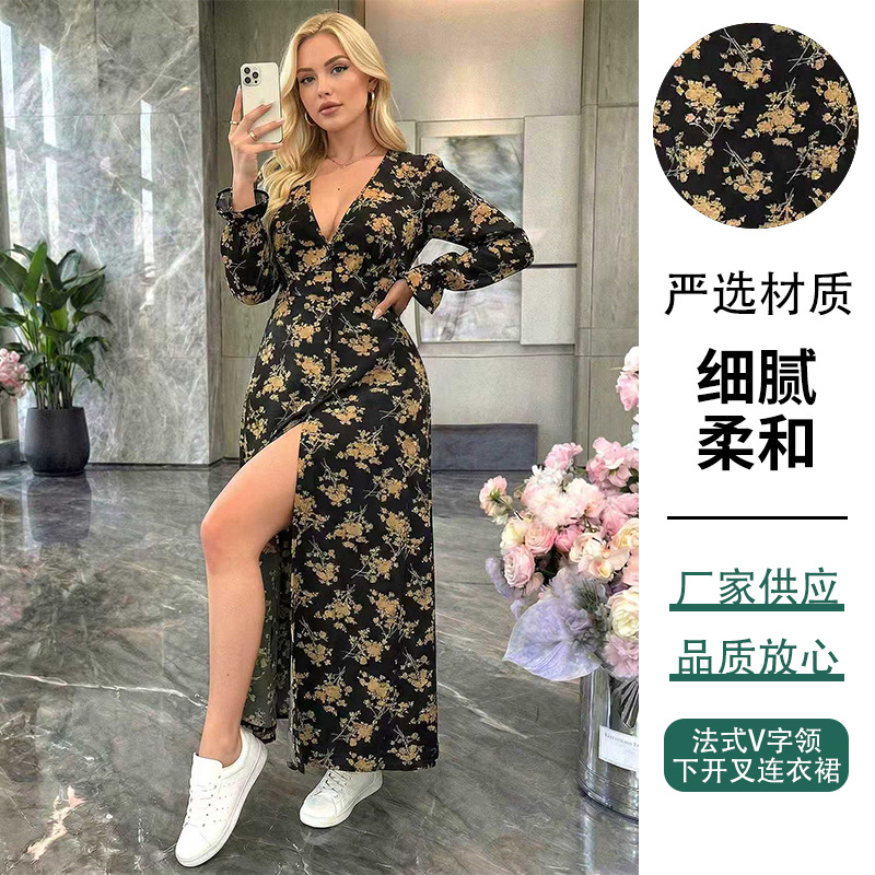 春季复古黑金碎花长袖开叉长裙法式时尚优雅V字领连衣裙欧美度假 女装厂家批发实拍图