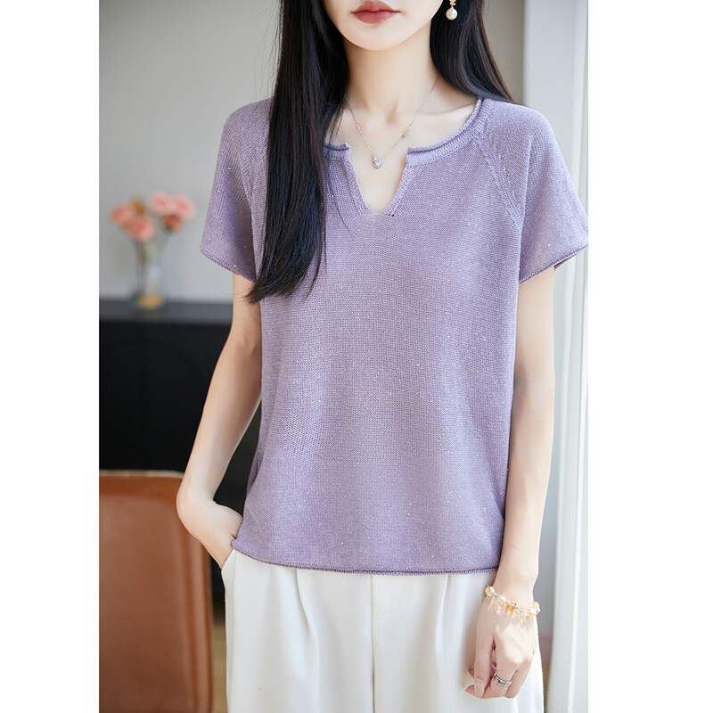 Spring and Summer New Style Tencel Linen Rolled Edge V-Neck Knitwear Short-Sleeved Women's Solid Color Loose Bottoming Shirt T-Shirt Women's Wholesale