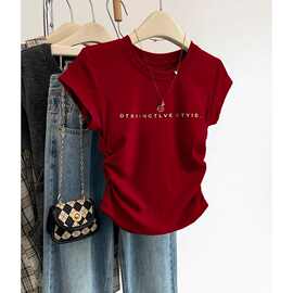 2026新款美式复古红色收腰短袖t恤女夏季小个子短款修身显瘦上衣