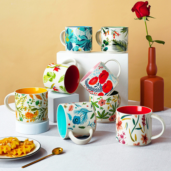 Floral glaze ceramic cup household large capacity breakfast cup…