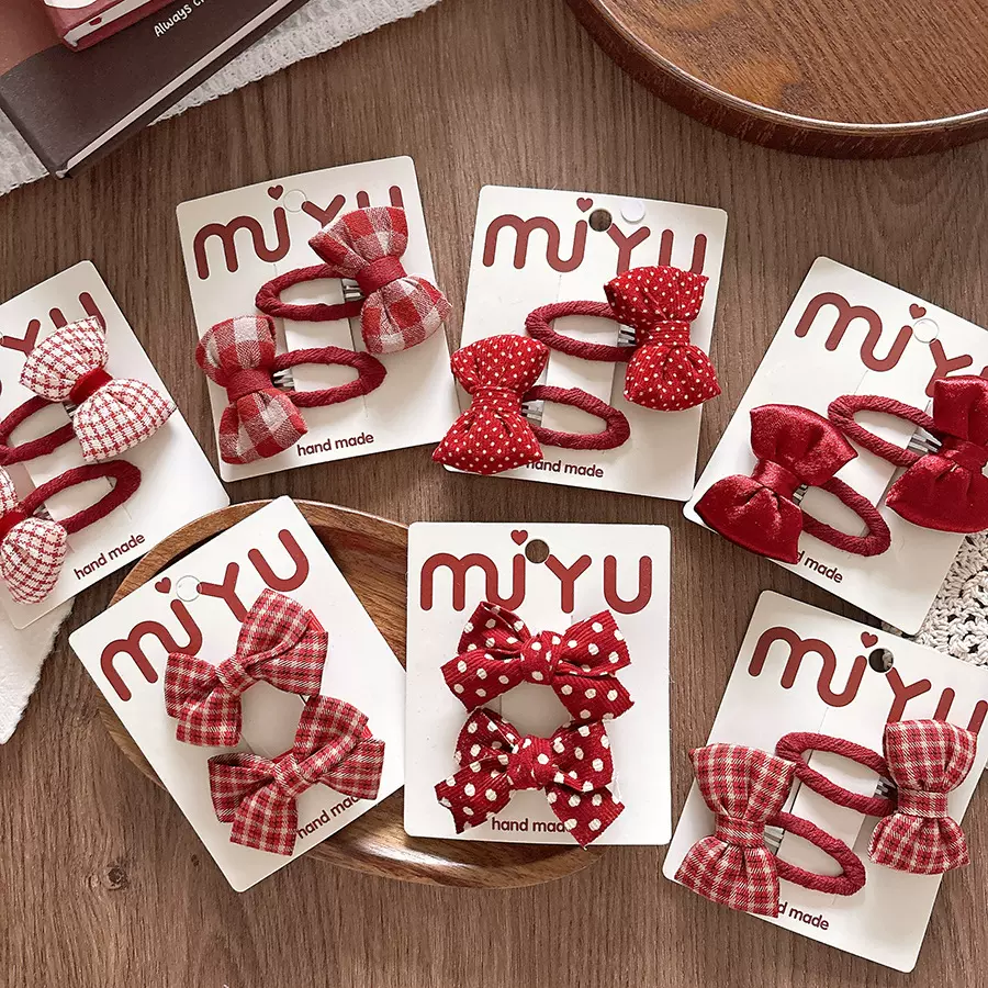 韩版红色系甜美格纹蝴蝶结儿童对夹BB夹女童波点侧边包布发夹发饰