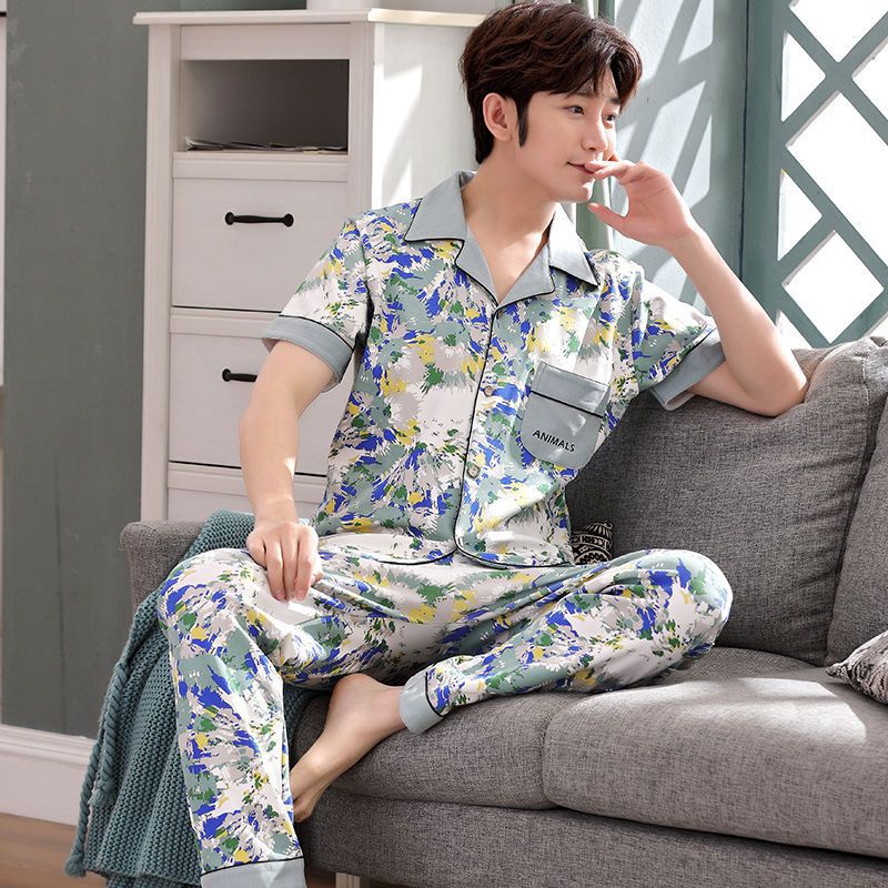 Pijama de algodón 100% de primavera y verano de los hombres pantalones de manga corta cardigan Delgado de los hombres de primavera y otoño de manga corta ropa para el hogar