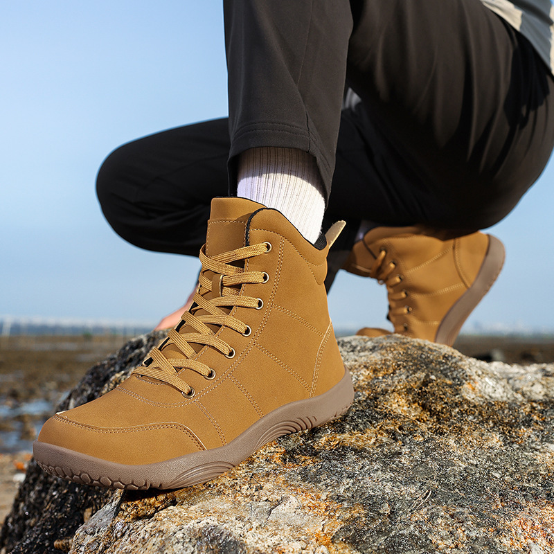 Cross-Border Large Size Leather High-Top Wide-Toe Barefoot Shoes for Couples, Wide-Last Outdoor Hiking Shoes for Men and Women, Autumn and Winter Sports Shoes