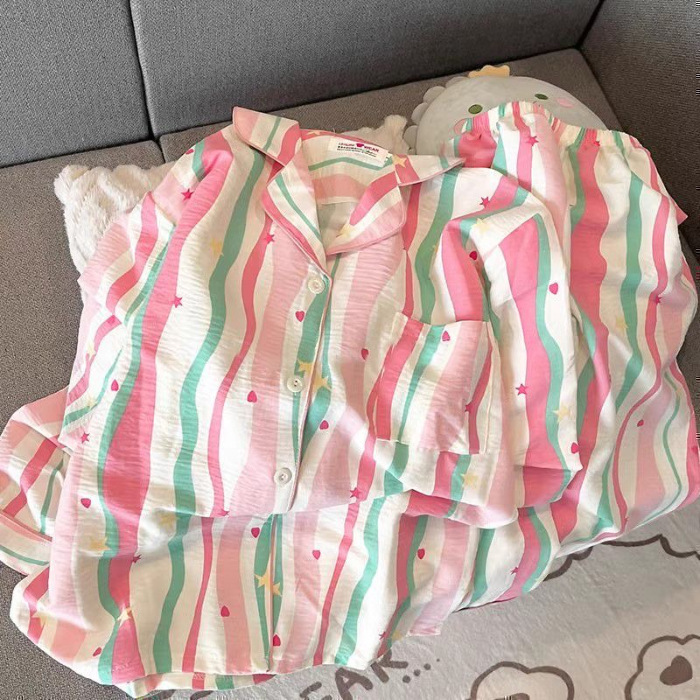 日系格子helloKitty睡衣女款春秋夏季纯棉长袖可爱开衫棉纱家居服|undefined