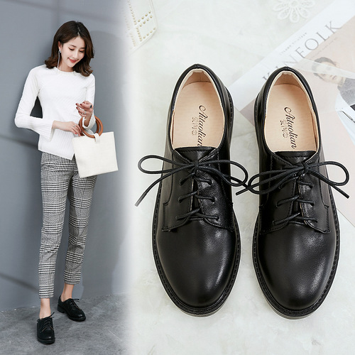 Small leather shoes for women, British style college students, flat lace-up shoes, comfortable and versatile, black formal interview work shoes