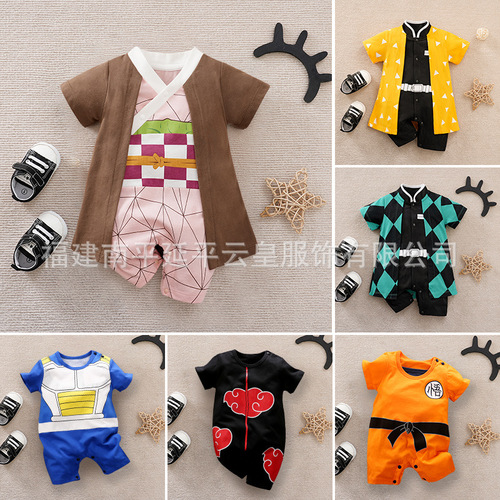A-type 100% cotton anime-style unisex baby onesie with cartoon baby, suitable for outdoor crawling, drop shipping one piece.