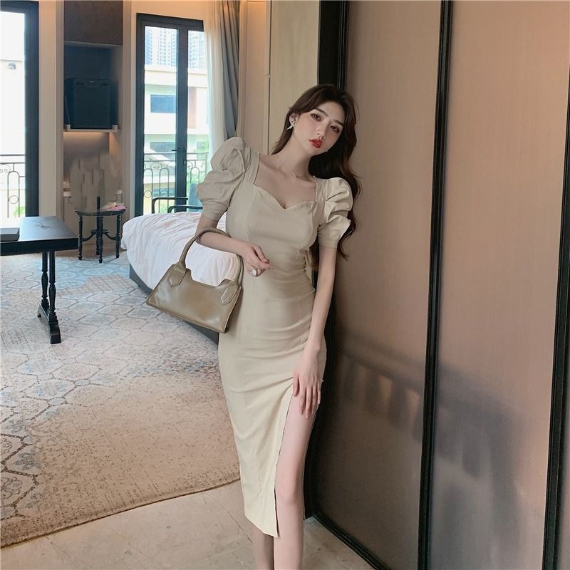 Sweet and Cool Dress, Summer 2026 New Style, French Puff Sleeves, Slim Fit, Black Long Slit Dress for Women