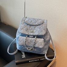 学生上课双肩包女2024新款韩系ins潮流牛仔布菱格小背包百搭女包