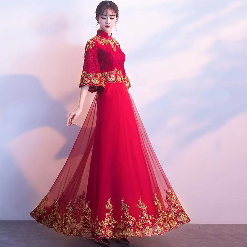 Burgundy Chinese Plus Size Toast Dress Bride Dressing Gown Cheongsam Wedding Dress Skirt Female Petite Short Xiuhe Dress