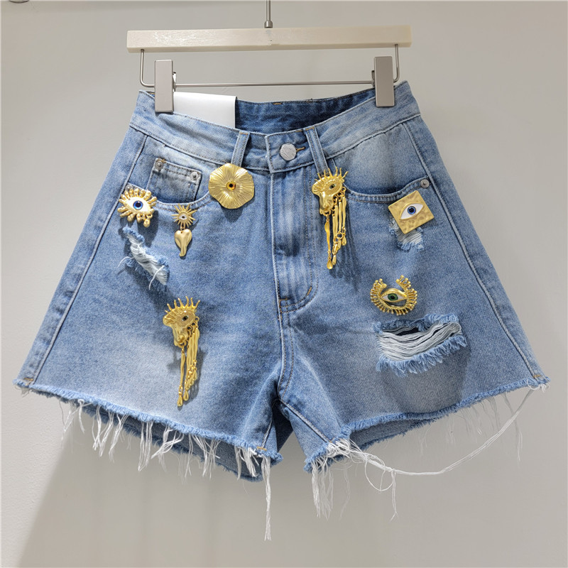 Pantalón Corto de Mezclilla para Mujer, Denim, Hebilla de Metal, Detalle Desgastado, Cintura Alta, para Uso Casual