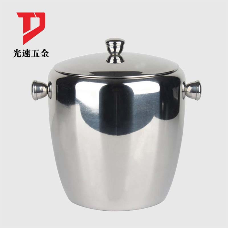 Cubo de hielo de acero inoxidable de doble capa en forma de tambor enfriador de whisky de vino con mango y tapa cubo de hielo de doble capa