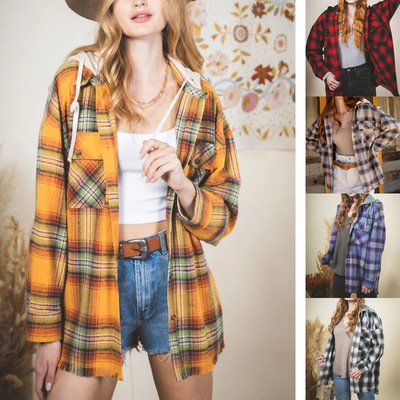 欧美爆款2023eBay亚马逊秋冬新款女装连帽长袖格子衬衫磨毛呢外套|ms