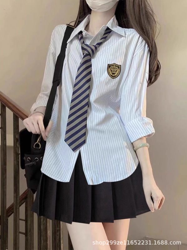 学院风jk制服套装条纹衬衫女春秋2025新款长袖衬衣设计感小众上衣|undefined