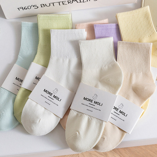 2024 white socks for women spring and autumn cotton double-section elastic waistband mid-calf socks ins trendy solid color sports socks