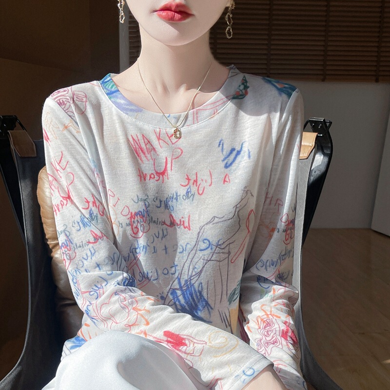 Cool Sun Protection Long-Sleeved T-Shirt for Women 2025 New Thin Spring and Summer Bottoming Shirt Colorfulful Knitted Knitwear Printed Top Trendy