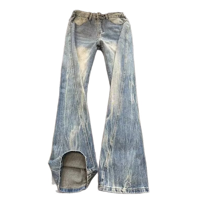 Men's Clothing Trendy Retro Style Washed Denim Jeans Slanted Cut Straight Leg Slim Fit Slightly Flared Curved Trousers Crackled Lightning Pattern_mkmklike.com