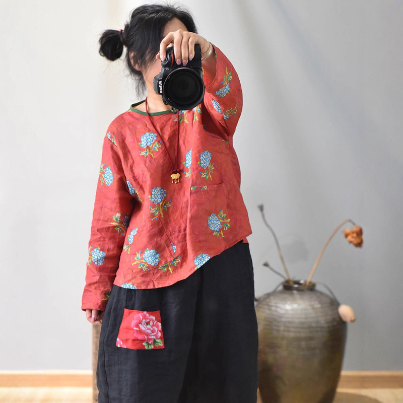 Xi Mei/Original Digital Printed Linen Zen Shirt Spring and Autumn Artistic Hand-stitched Button Shirt T-shirt for Women