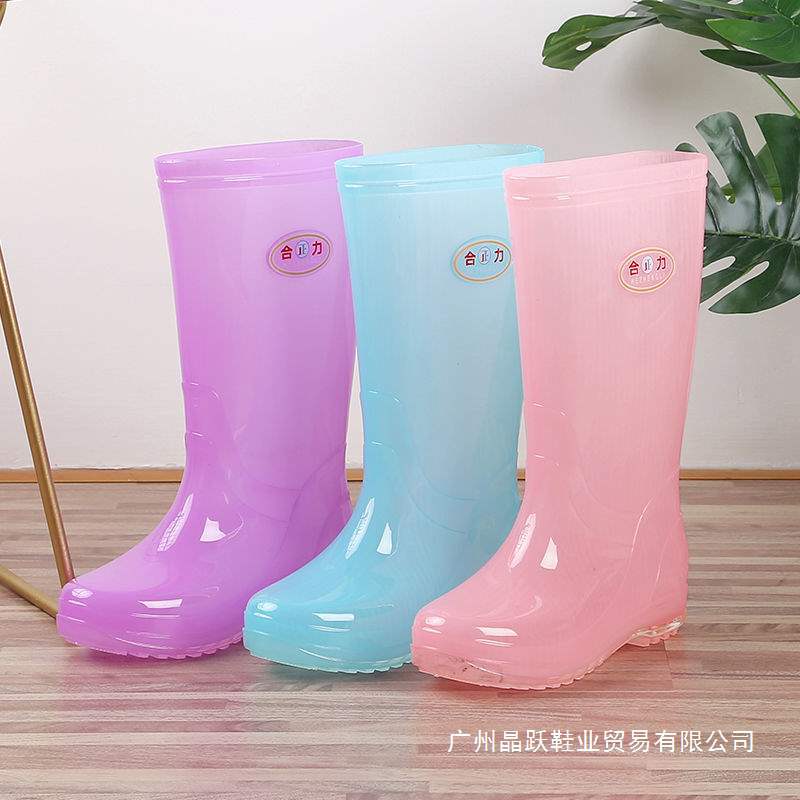 Botas de lluvia de gelatina de tubo alto, botas de lluvia de caramelo de tubo largo antideslizantes para mujer, zapatos de goma de agua, botas de agua de cuatro estaciones para mujer, zapatos de agua para adultos para mujer