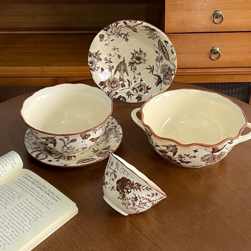 Chinese Ceramic Tableware Dark Rose Red Retro Floral Rice Bowl Plate Home Wedding Newlywed Housewarming Set