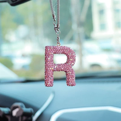 Letter bow clay car — Car hanging - r-letter-car-pendant-pink