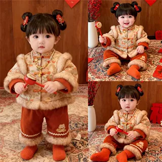 柠里女童拜年服套装过新年加绒加厚女宝宝周岁礼服国风唐装两件套