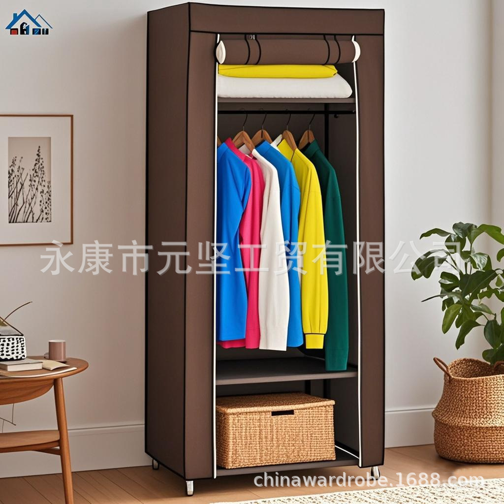 Armario de tela simple, armario de almacenamiento, armario a prueba de polvo, dormitorio, marco de acero, combinación de refuerzo, armario de estudiantes de alquiler al por mayor