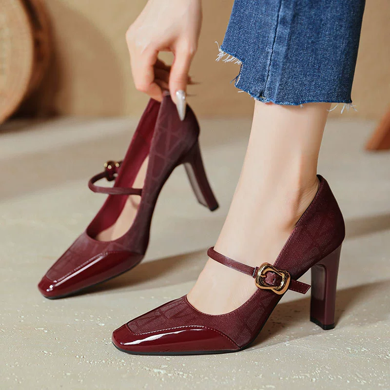 Туфли на высоком каблуке Мэри Джейн с красными каблуками на высоком каблуке толстые каблуки сексуальный 2025 новая французская сшитая квадратная голова одиночные туфли