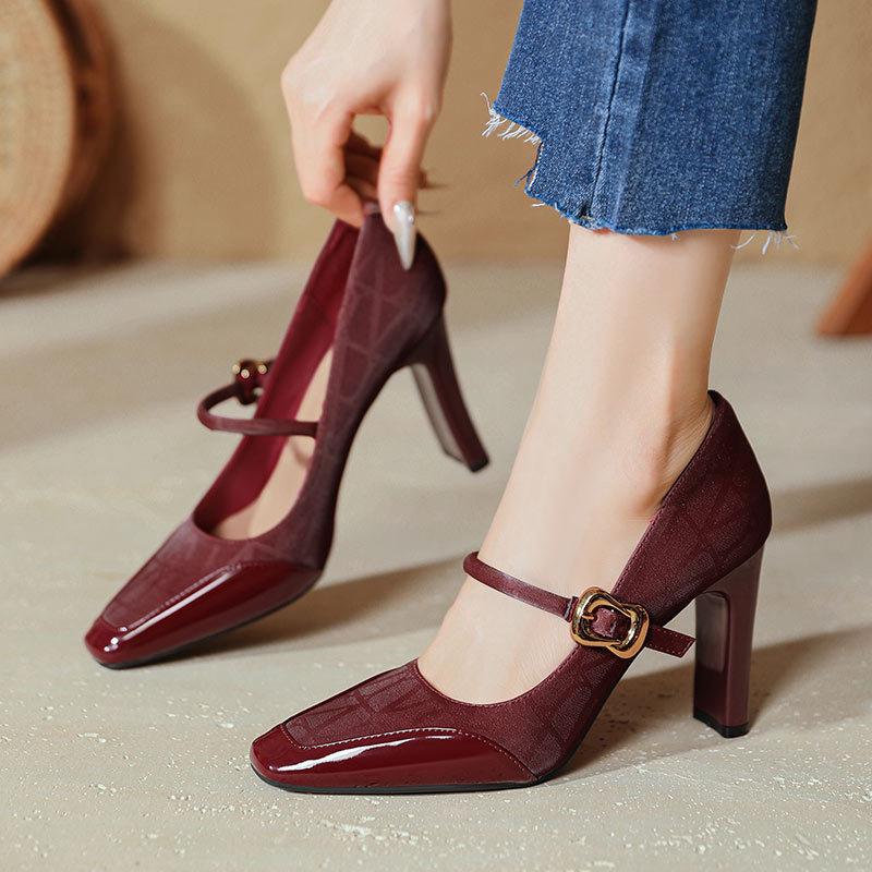 High Heel Mary Jane Shoes Red High Heels Thick Heel Sexy 2025 New Stitching French Square Toe Shoes