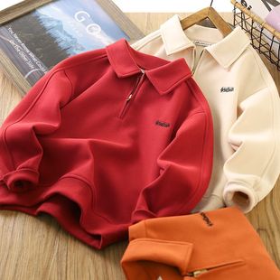 Boys Polo Shirt Sweater Children's Spring 2024 New Year Red Clothes Boys Spring and Autumn Lapel Fashion Top Trendy