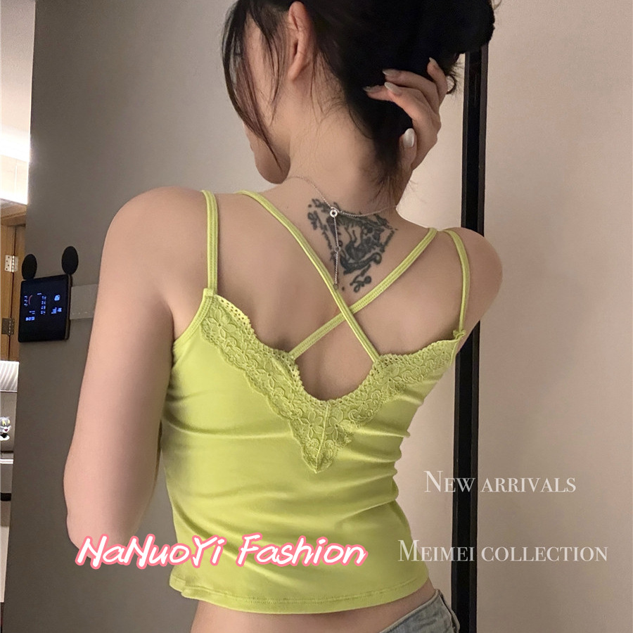 봄과 여름 새로운면 더블 숄더 스트랩 크로스 뷰티 백 슬링 레이스 스티칭 조끼 고정 코스터 내부 착용 여성