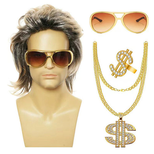 Halloween Cosplay Punk Heavy Metal 80s Disco Party Western Men's Hip-Hop Rock Wig Set