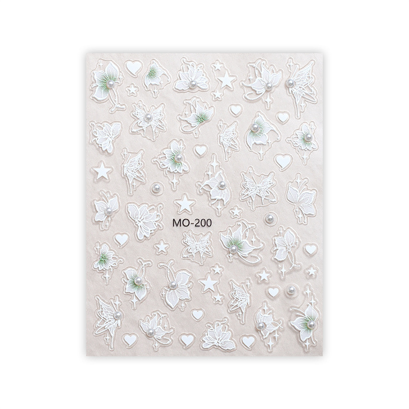 Red neta perla exquisita flor pegatinas de uñas diamante de cristal blanco mariposa pintada a mano pegatinas de uñas en relieve tridimensional con pegamento trasero
