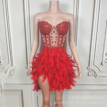 欧美性感掐腰经典红羽毛短礼服生日派对公主蓬蓬裙影楼写真连衣裙